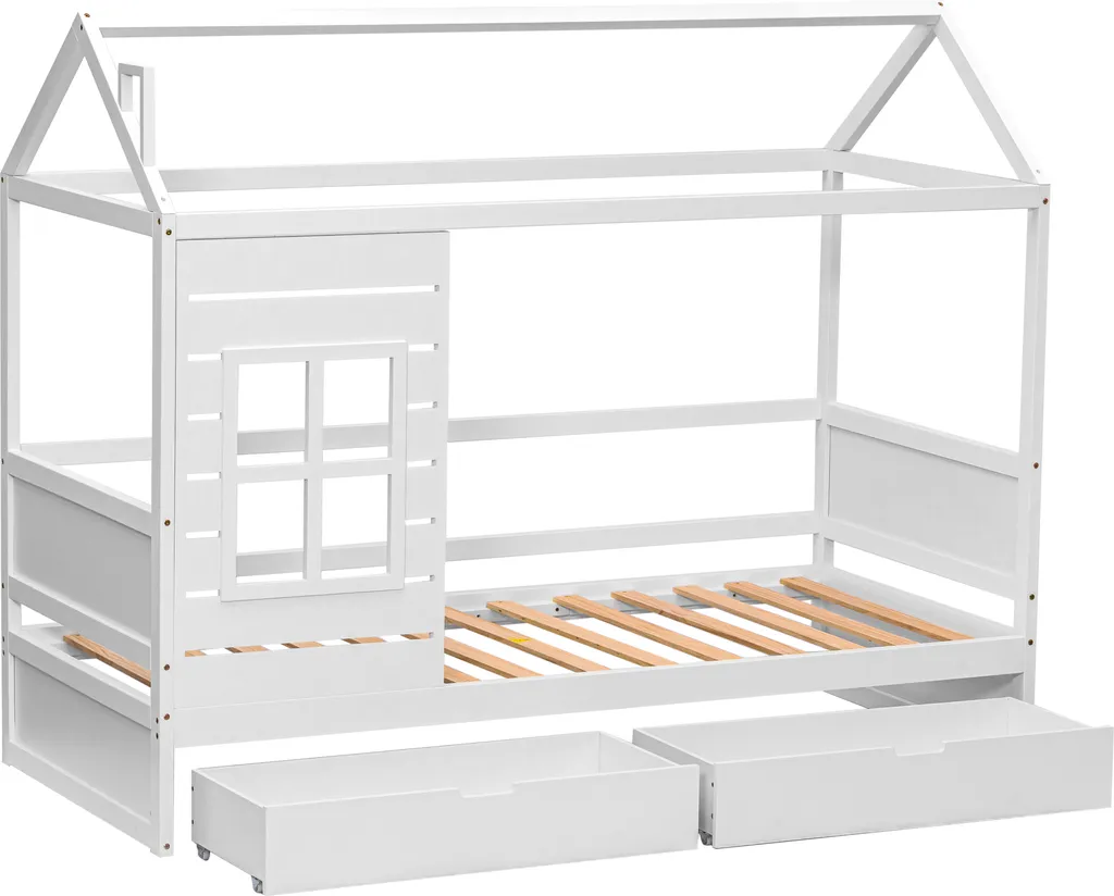 Merax Kinderbett 90x200cm Hausbett Mit 2 Schubladen Und Rausfallschutz, Dach Und Fenster, Kiefer Einzelbett Babybett Kinderhaus Mit Lattenrost, Weiß – Bild 8