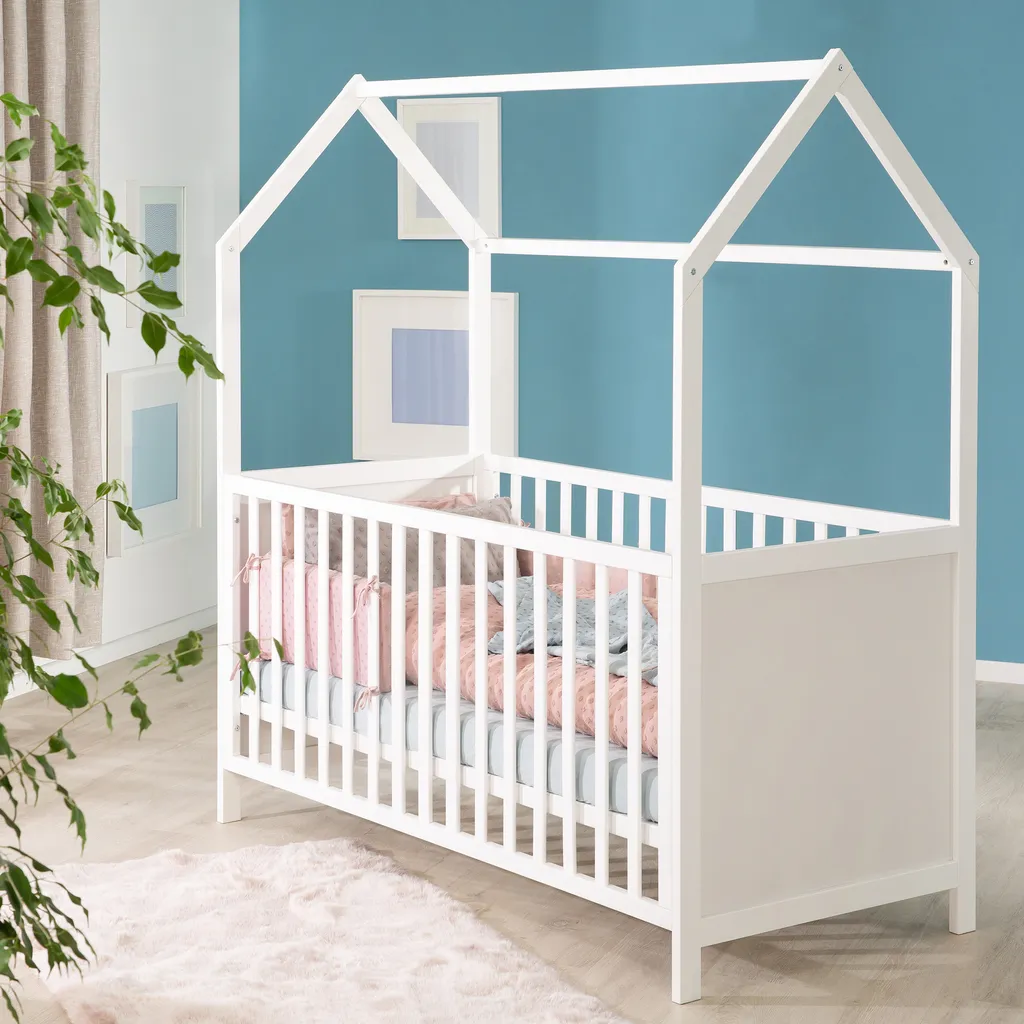 Roba Hausbett 70 X 140 Cm, Kombi-Kinderbett In Hausoptik, Weiß, 3-fach Verstellbar, Schlupfstäbe, Umbaubar Zum Juniorbett – Bild 3