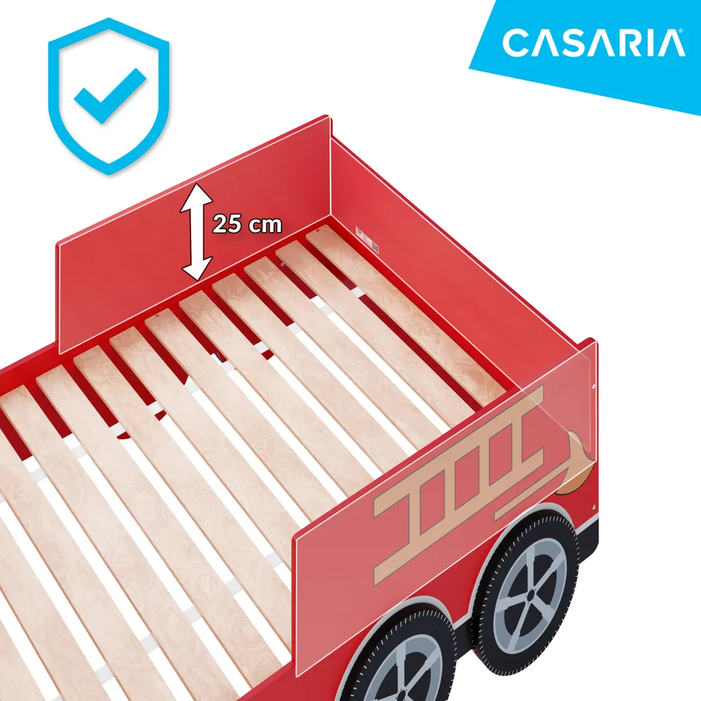 Kinder Bett Feuerwehr Optik Liegefläche 200x90 Cm Holzbett Inkl. Lattenrost Autobett 3D Räder Sirene Lenkrad – Bild 6