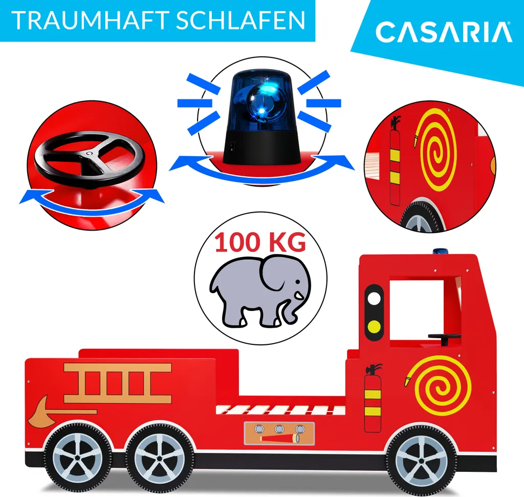 Kinder Bett Feuerwehr Optik Liegefläche 200x90 Cm Holzbett Inkl. Lattenrost Autobett 3D Räder Sirene Lenkrad – Bild 4