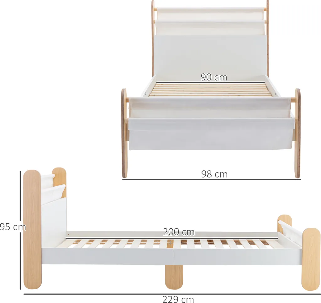 HOMCOM Kinderbett Jugendbett Hausbett Mit Betttasche Spielzeugtasche Ab 3 Jahre Holzbett Kinderzimmer Spielbett Einzelbett Kiefernholz Weiß+Natur 229 X 98 X 95 Cm – Bild 3