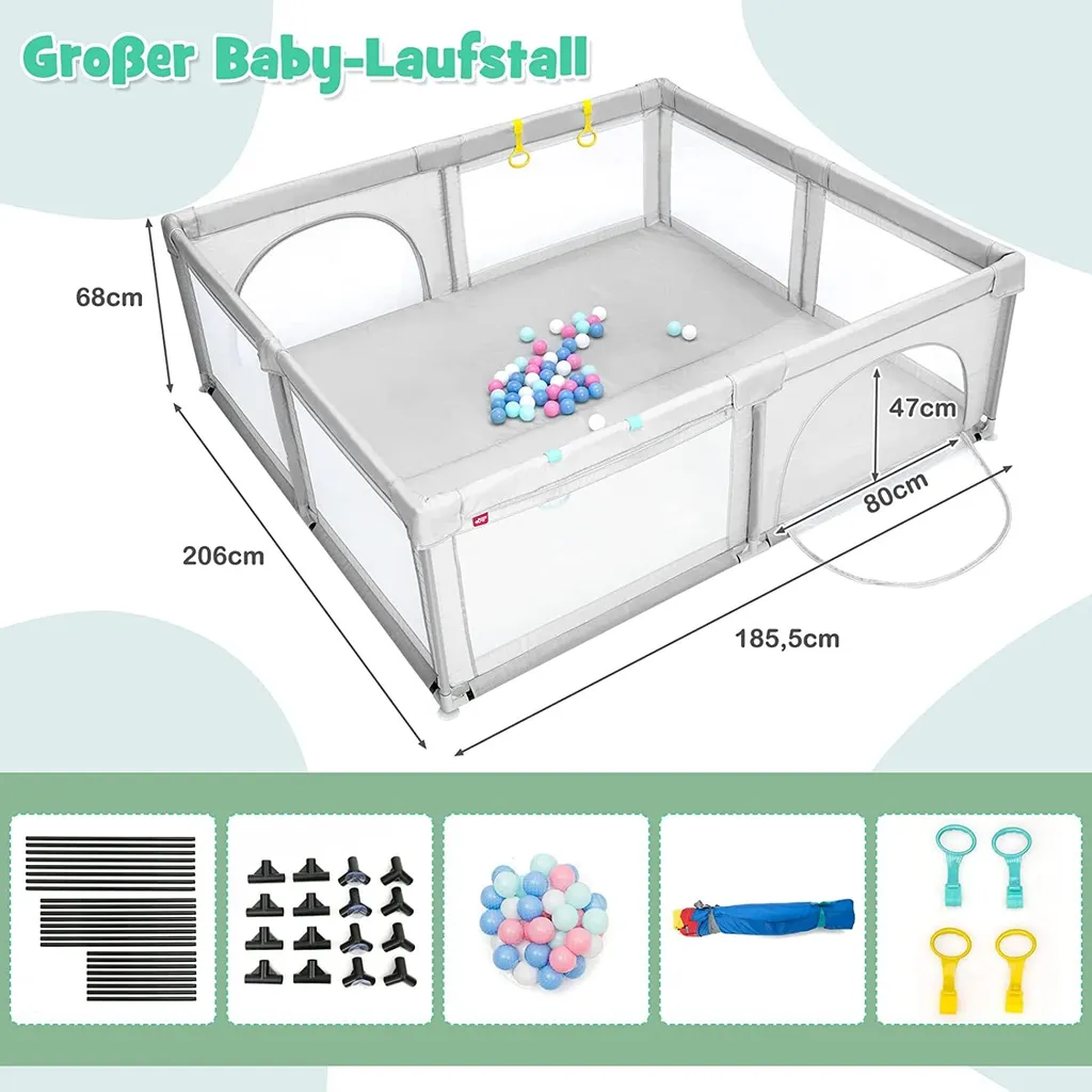 COSTWAY 206 X 185,5cm Baby Laufstall Mit 50 Spielbällen, Laufgitter Mit Atmungsaktivem Netz Und Reißverschluss, Krabbelgitter Mit 2 Türen, Laufgitterzelt Für Säuglinge Und Kinder (Grau) – Bild 5