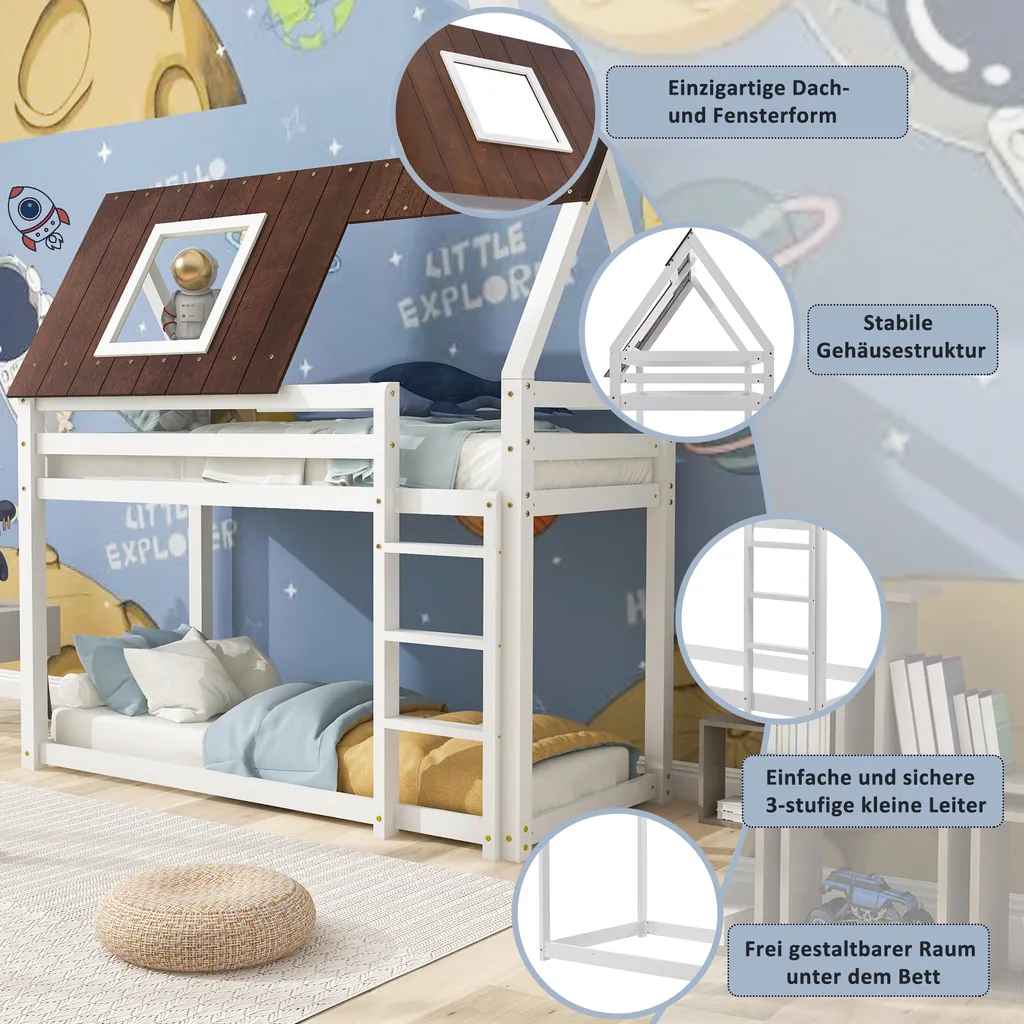 Merax Etagenbett Mit Rechtwinkliger Leiter Und Fallschutz, Dach Und Zäune, Kinderbett 90x200cm Stockbett Hausbett Aus Kiefer, Weiß Und Braun – Bild 3