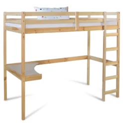 Homestyle4u 1930, Kinder Hochbett Mit Schreibtisch, Kinderbett 90x200 Cm Natur, Holz Kiefer