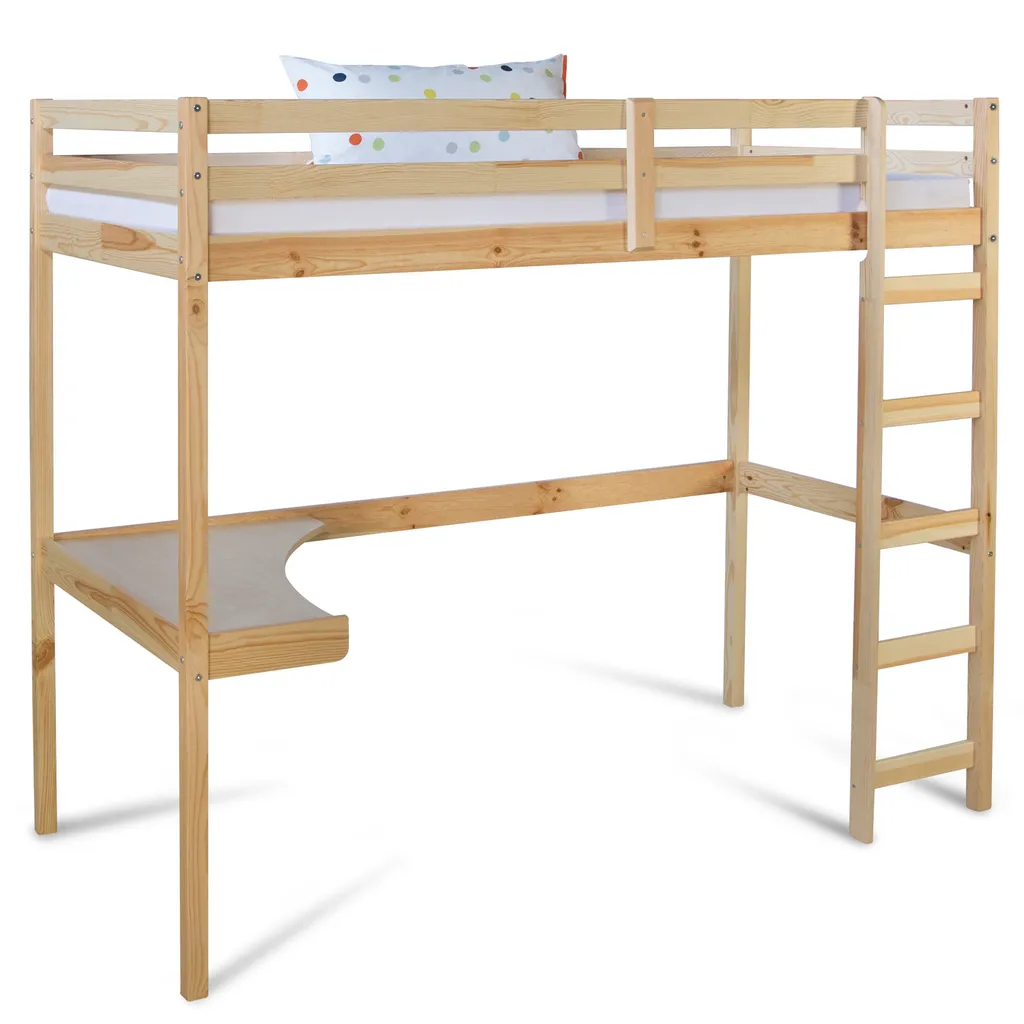 Homestyle4u 1930, Kinder Hochbett Mit Schreibtisch, Kinderbett 90x200 Cm Natur, Holz Kiefer