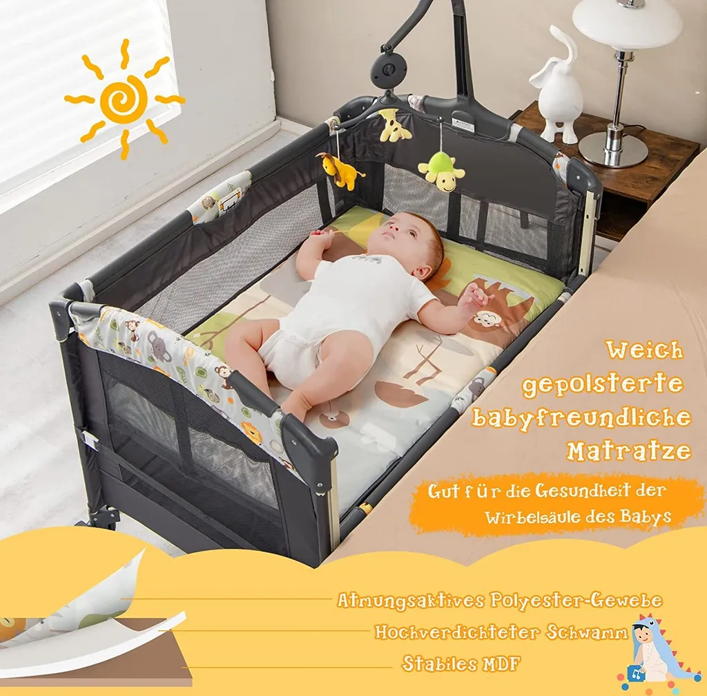 COSTWAY 4 In 1 Klappbares Reisebett & Beistellbett & Wickeltisch & Laufstall Rollbar, 2 Ebenen Babybett Inkl. Spielbogen, Matratze, Wickelauflage, Windelaufbewahrung Und Spieluhr (Hellgrau) – Bild 6