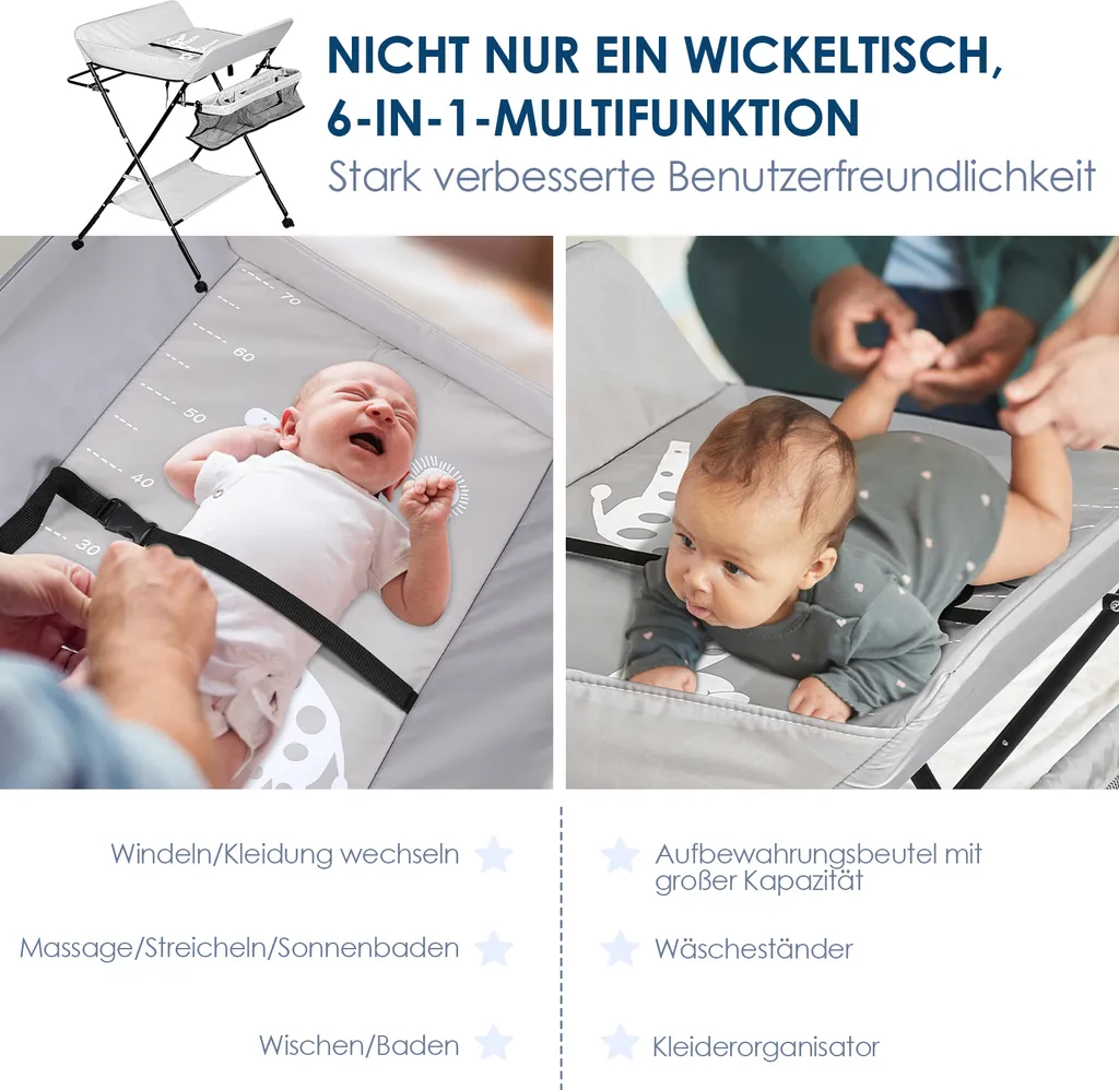 Lospitch Baby Wickeltisch Mulde Badewanne Höhenverstellbare Klappbar Wickelkommode Klappbarer Höhenverstellbarer Mit Auflage Mit Abschließbaren Rädern Sicherheitsgurt – Bild 3