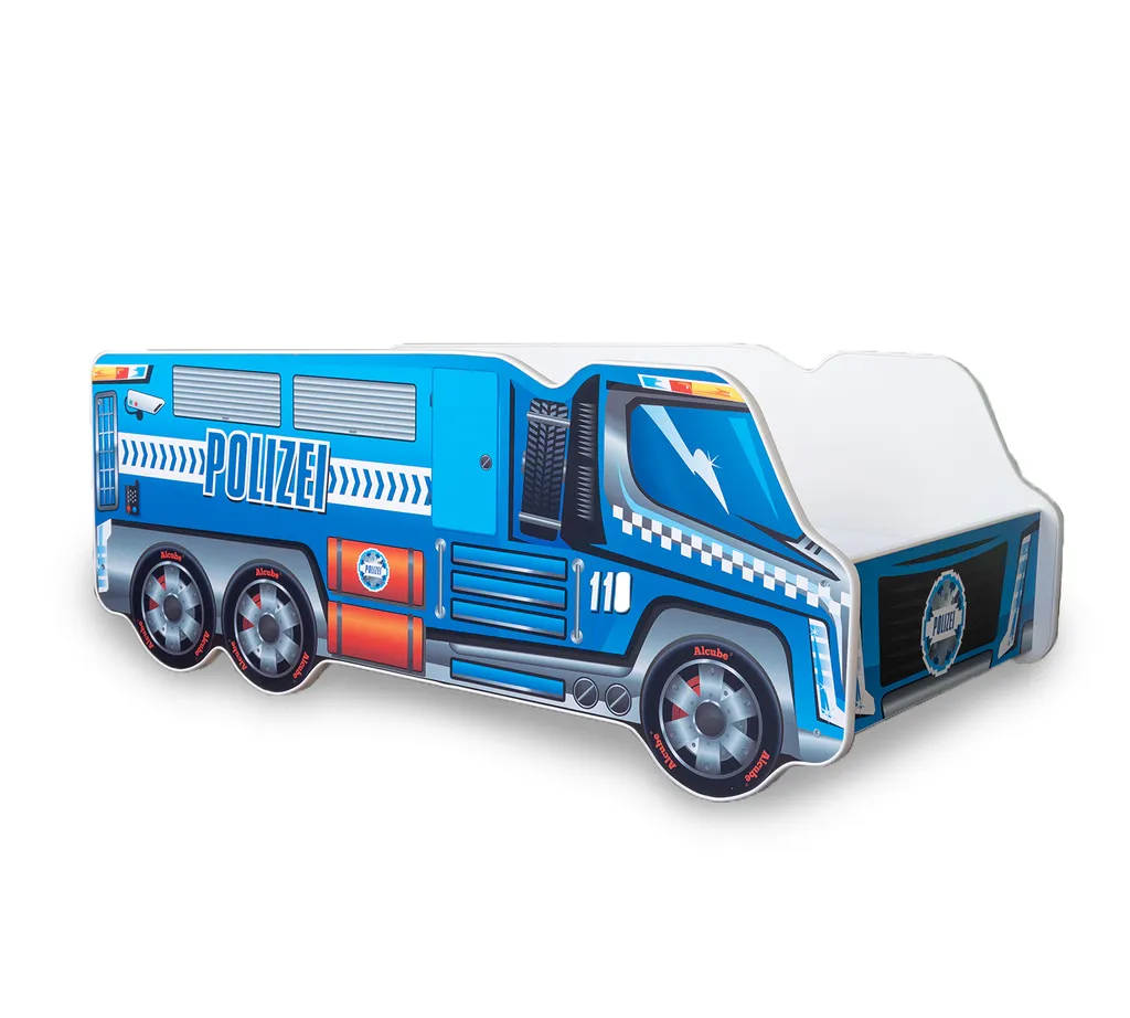 Alcube® Autobett 70x140 Cm LKW Polizei Mit Matratze Und Lattenrost Kinderbett 70x140 TRUCK Spielbett Massivholzbett Blau – Bild 8