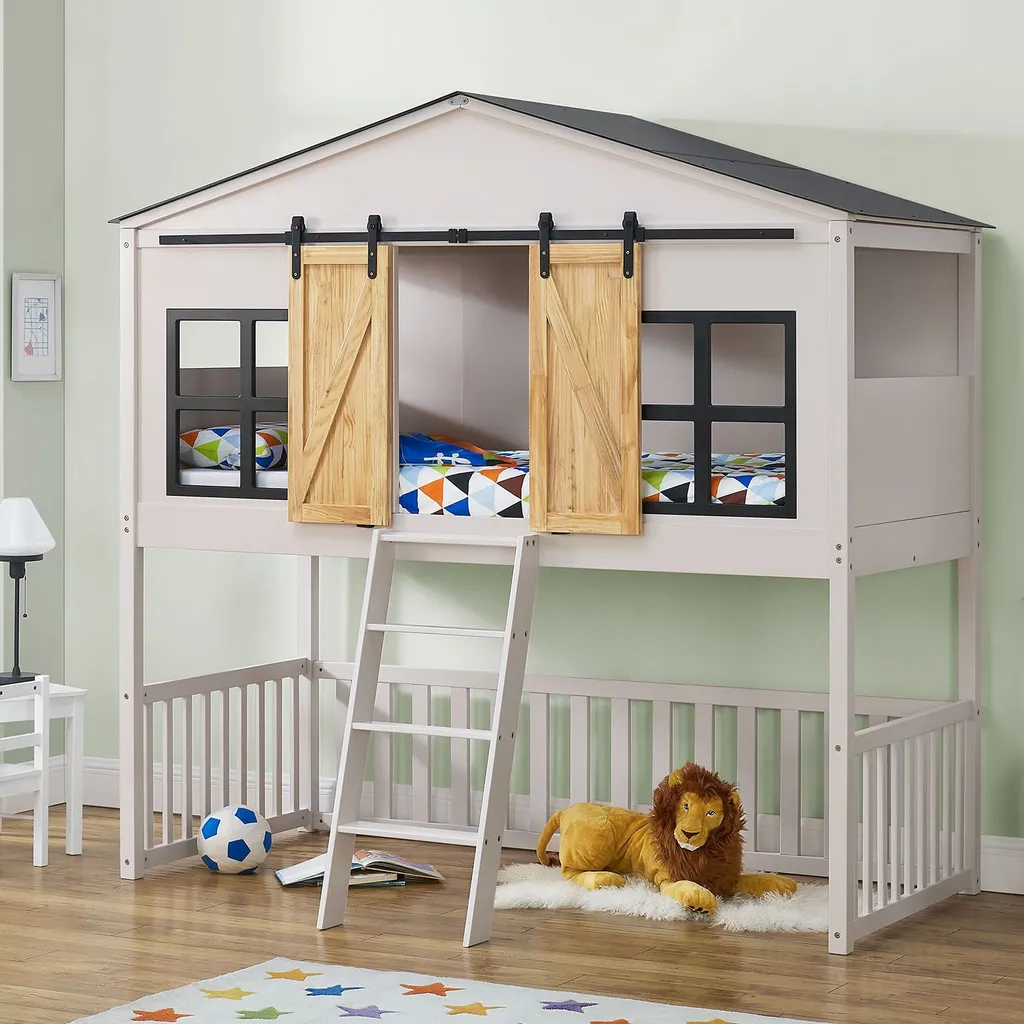 Juskys Kinderbett Farmhaus 90 X 200 Cm Mit Treppe, Dach & Fenster – Hochbett Rosa Für Kinder – Lattenrost Bis 150 Kg – Hausbett Aus Massivholz – Bild 6