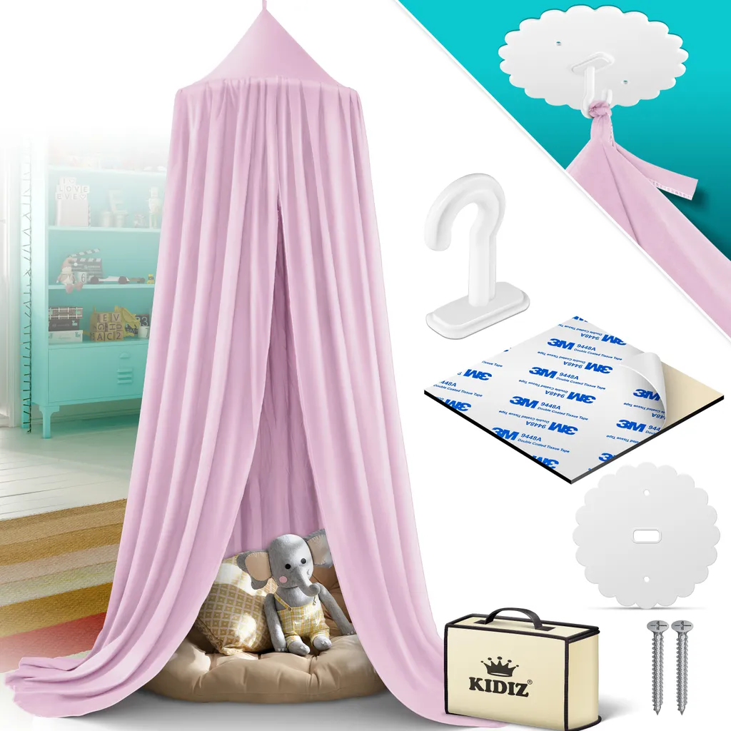 KIDIZ® Baldachin Kinderzimmer Betthimmel Babybett Für Schlafzimmer Inkl. Aufbewahrungstasche | Ohne Bohren | Saumlänge Ca. 270cm | Moskitonetz Insektenschutz Kinder Spielzelte, Farbe:Rosa – Bild 2