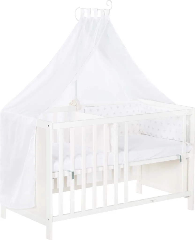 Roba Mulitfunktionsbett Sterne Grau Mit Beistellfunktion, Lattenrost, Matratze, Bettreduzierer, Himmel, Himmelstange, Kinderbett, Anstellbett, Babybett, Höhenverstellbar, Liegefläche 60x120 Cm, Weiß – Bild 6