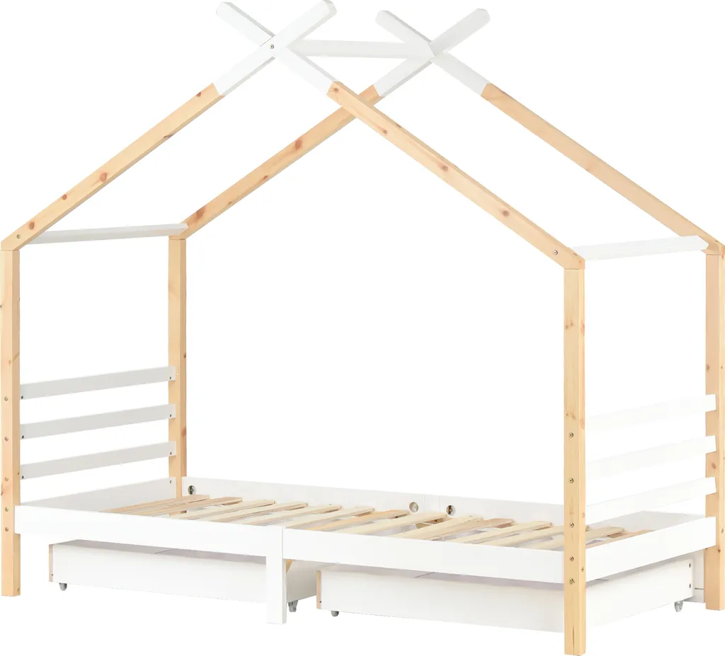 Merax Kinderbett 90x200cm Hausbett Mit Lattenrost Und 2 Schubladen, Spielbett Massivholzbett Für Kinder-und Jugendzimmer, Weiß/Natur – Bild 11