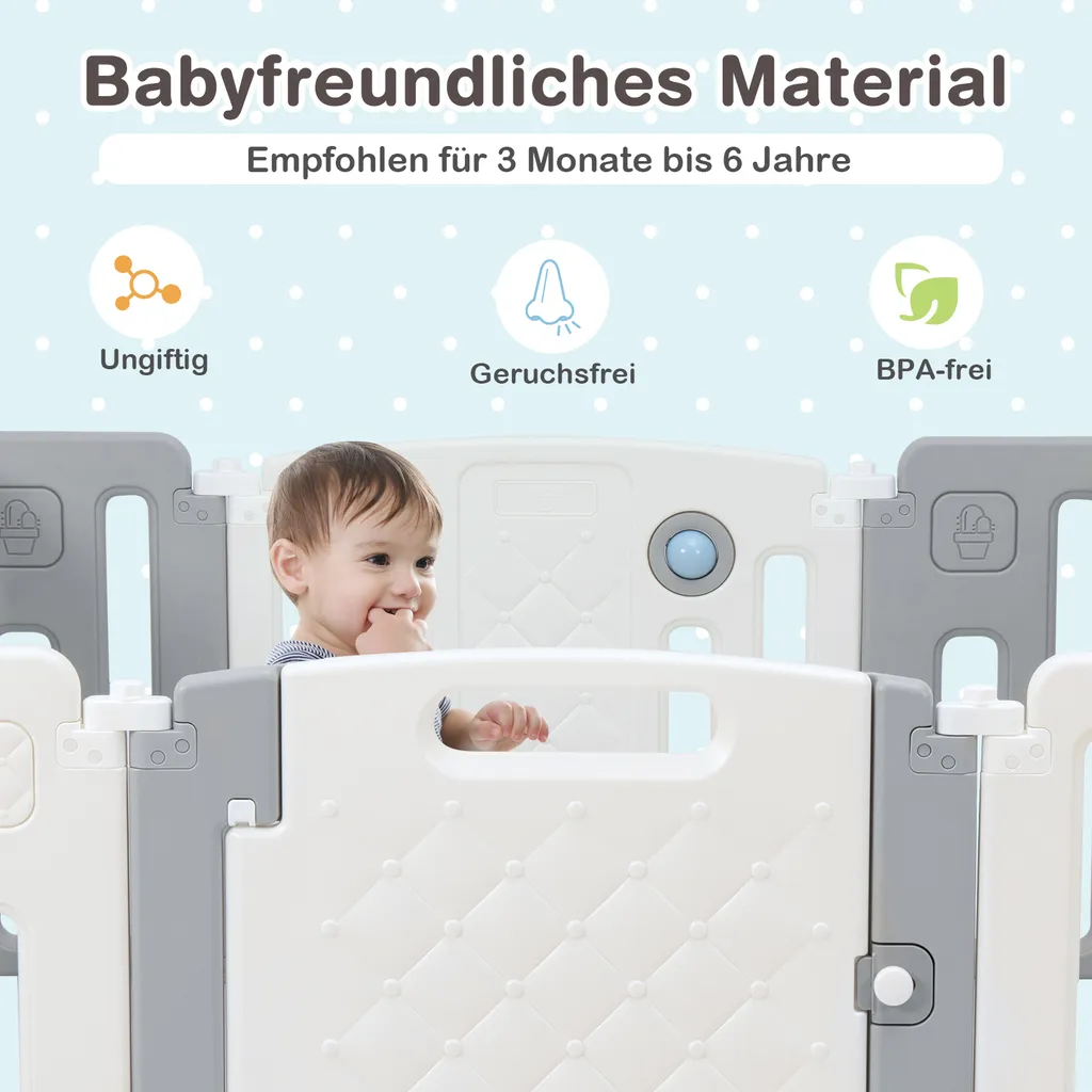 COSTWAY Faltbares Laufstall, Baby-Laufgitter Mit Tür & Spielpaneel & Sicherheitsschloss, Mit Whiteboard & Kugel & Soundknopf, Absperrgitter Für Babys & Kinder Von 6-36 Monaten, Beige (12+2 Paneelen) – Bild 4