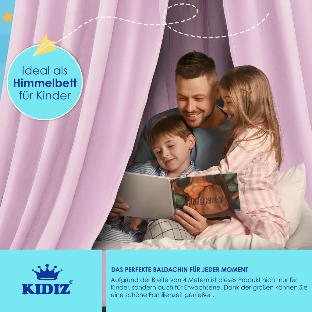 KIDIZ® Baldachin Kinderzimmer Betthimmel Babybett Für Schlafzimmer Inkl. Aufbewahrungstasche | Ohne Bohren | Saumlänge Ca. 270cm | Moskitonetz Insektenschutz Kinder Spielzelte, Farbe:Rosa – Bild 5