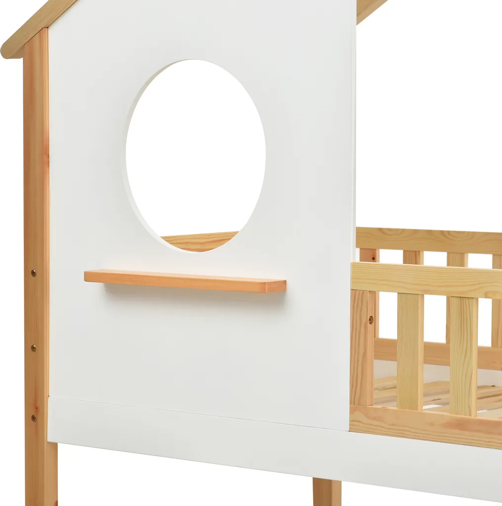 Merax Kinderbett Etagenbett 90x200cm Mit Leiter, Rausfallschutz Und Dachform, Hochbett 2 Einzelbetten Stockbett Aus Kiefernholz, Weiß Und Natur – Bild 7