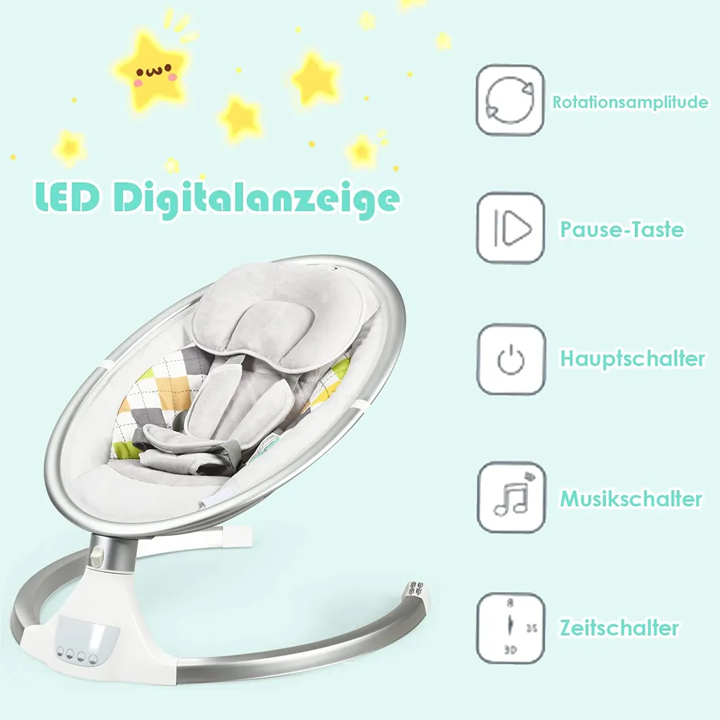 COSTWAY Babywippe Elektrisch Mit Timer, Babyschaukel Babywiege Mit 5 Schwingungsamplituden Musik Und Bluetoothfunktion Beige – Bild 6