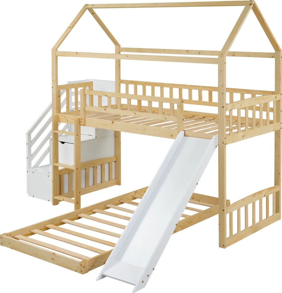 Merax Etagenbett 90x200cm Kinderbett Mit Rutsche, Treppe Mit Stauraum, Fallschutz Und Handlauf, Hausbett Aus Massivholz In Natur Und Weiß, 2 Einzelbetten Stockbett Für Kinderzimmer – Bild 11