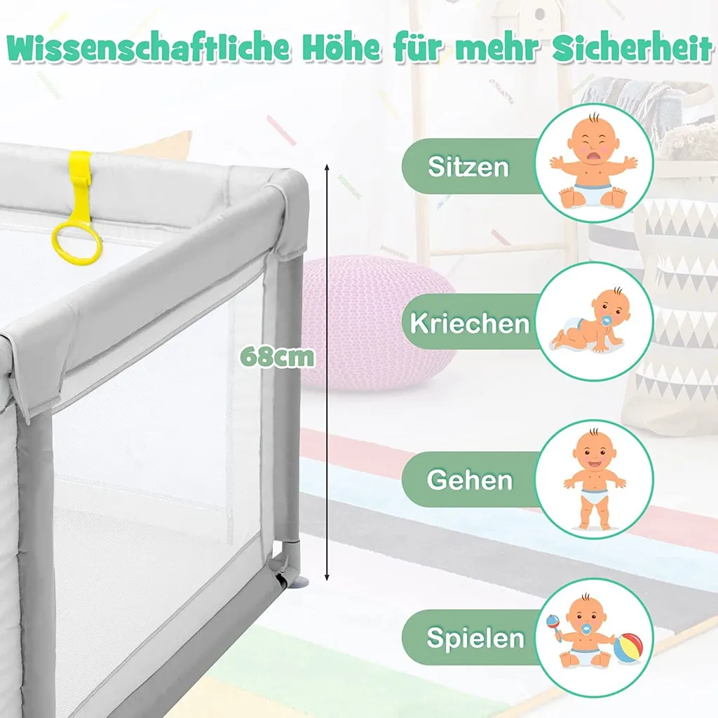 COSTWAY 206 X 185,5cm Baby Laufstall Mit 50 Spielbällen, Laufgitter Mit Atmungsaktivem Netz Und Reißverschluss, Krabbelgitter Mit 2 Türen, Laufgitterzelt Für Säuglinge Und Kinder (Grau) – Bild 3