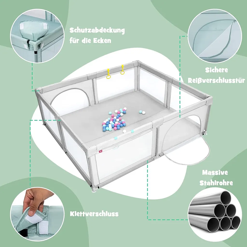 COSTWAY 206 X 185,5cm Baby Laufstall Mit 50 Spielbällen, Laufgitter Mit Atmungsaktivem Netz Und Reißverschluss, Krabbelgitter Mit 2 Türen, Laufgitterzelt Für Säuglinge Und Kinder (Grau) – Bild 6