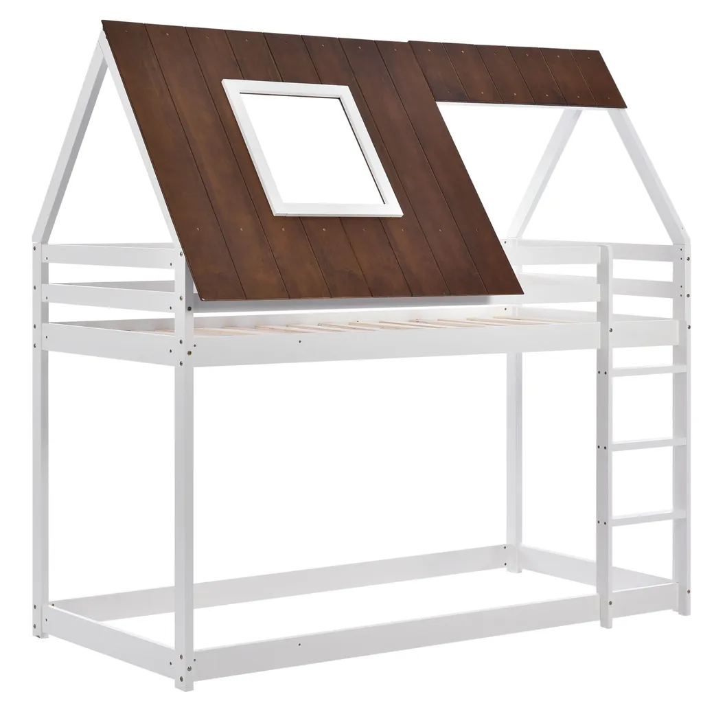 Merax Etagenbett Mit Rechtwinkliger Leiter Und Fallschutz, Dach Und Zäune, Kinderbett 90x200cm Stockbett Hausbett Aus Kiefer, Weiß Und Braun – Bild 11