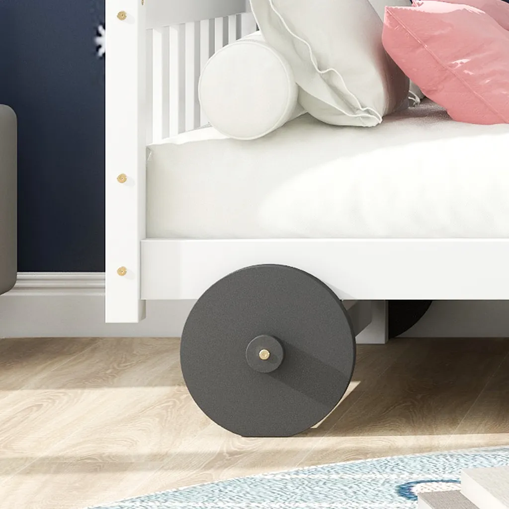 Merax Kinderbett 90x200cm Autobett Mit Lattenrost Und Rädern, Abnehmbarer Rahmen, Rahmen Aus Kiefer, Einzelbett Jungenbett Babybett Für Mädchen Und Jungen, Weiß – Bild 8