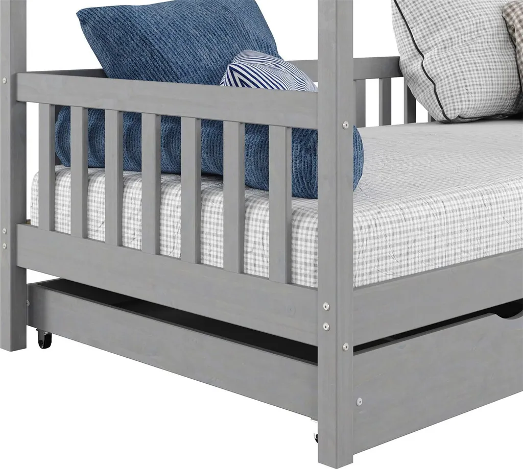Hausbett NUNA Aus Massiver Kiefer, Montessori Bett In 90 X 200 Cm Mit Rausfallschutz, Spielbett Mit Schubladen, Modernes Kinderbett Mit Dach In Grau – Bild 5