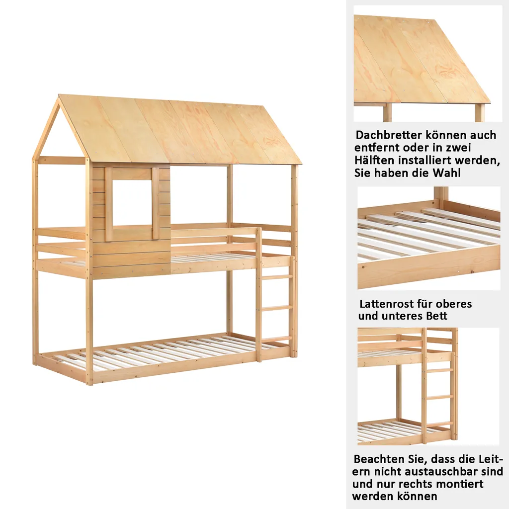 Merax Etagenbett 90x200cm Kinderbett Hochbetten Mit Dach, Leiter, Fenster Und Lattenrost, Doppelstockbett 2 Einzelbetten Für Kinderzimmer, Kiefernholz Rahmen, Eichenfarbe – Bild 5