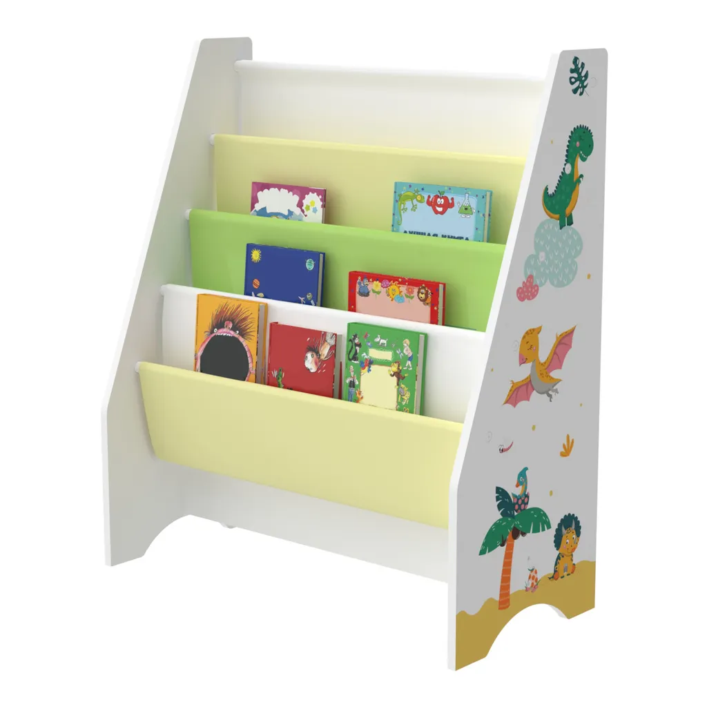 Kinderregal Fisterra Kinder-Bücherregal Freistehend Mit Dinosaurier-Motiv 74 X 62 X 29 Cm Kinderzimmerregal Mit 4 Offenen Ablagefächern Bücher-Organizer Weiß / Grün / Gelb – Bild 2