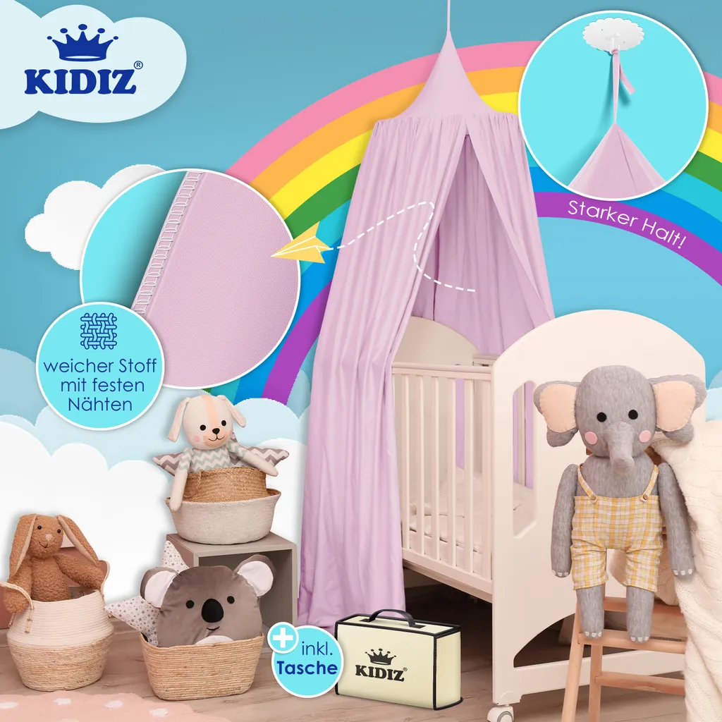 KIDIZ® Baldachin Kinderzimmer Betthimmel Babybett Für Schlafzimmer Inkl. Aufbewahrungstasche | Ohne Bohren | Saumlänge Ca. 270cm | Moskitonetz Insektenschutz Kinder Spielzelte, Farbe:Rosa – Bild 6