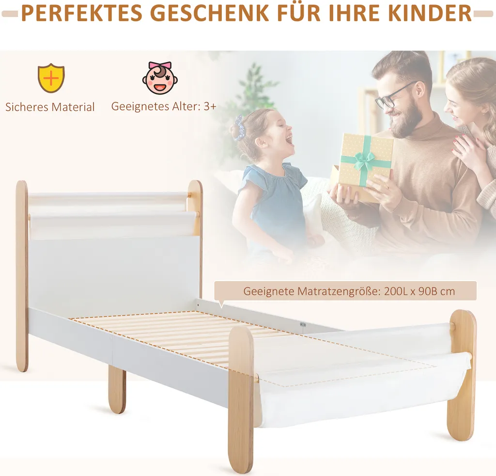 HOMCOM Kinderbett Jugendbett Hausbett Mit Betttasche Spielzeugtasche Ab 3 Jahre Holzbett Kinderzimmer Spielbett Einzelbett Kiefernholz Weiß+Natur 229 X 98 X 95 Cm – Bild 5