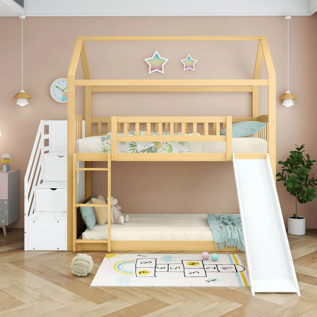 Merax Etagenbett 90x200cm Kinderbett Mit Rutsche, Treppe Mit Stauraum, Fallschutz Und Handlauf, Hausbett Aus Massivholz In Natur Und Weiß, 2 Einzelbetten Stockbett Für Kinderzimmer – Bild 13