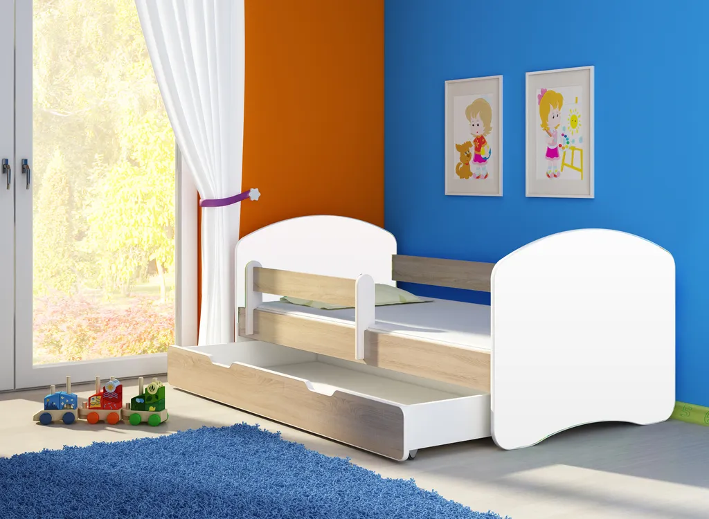 Kinderbett Jugendbett Mit Matratze In Weiß / Eiche Sonoma ACMA II 160x80 Cm + Bettkasten – Bild 2