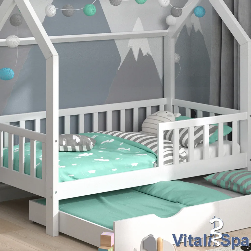 VitaliSpa Kinderbett Hausbett Gästebett Wiki Weiß 80x160cm Schublade Lattenrost – Bild 5