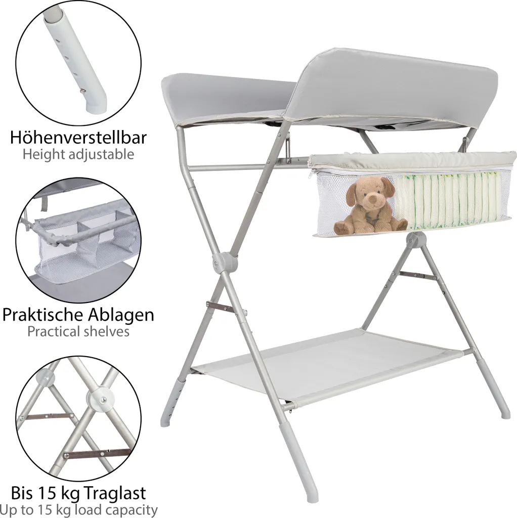 ONVAYA® Wickeltisch Klappbar | Wickelkommode Mit Auflage | Platzsparend & Mobil | Wickelkombination Mit Ablage Und Aufbewahrungskorb | Höhenverstellbar | Traglast Bis 15 Kg | Messleiste - Modell 2022 – Bild 4