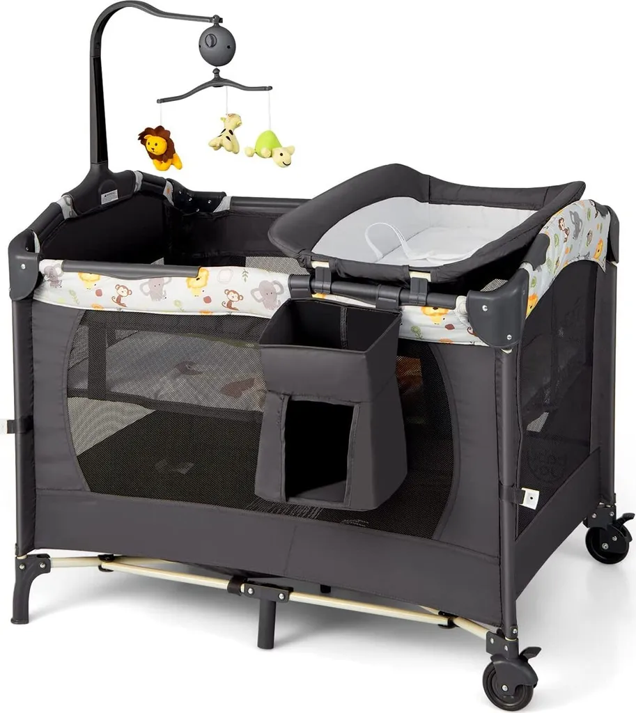 COSTWAY 4 In 1 Klappbares Reisebett & Beistellbett & Wickeltisch & Laufstall Rollbar, 2 Ebenen Babybett Inkl. Spielbogen, Matratze, Wickelauflage, Windelaufbewahrung Und Spieluhr (Hellgrau)