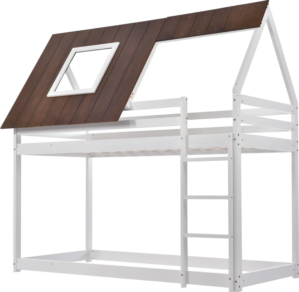 Merax Etagenbett Mit Rechtwinkliger Leiter Und Fallschutz, Dach Und Zäune, Kinderbett 90x200cm Stockbett Hausbett Aus Kiefer, Weiß Und Braun – Bild 9