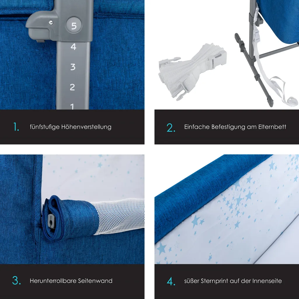 KESSER® Zustellbett Hubi 3in1 Baby Beistellbett Reisebett Babybett Mit Weich Matratze, Mit Rollen Kinderbett, 5-fach Höhenverstellung, Faltbare Seitenwand Für Zu Hause Und Unterwegs, Farbe:Blau – Bild 6