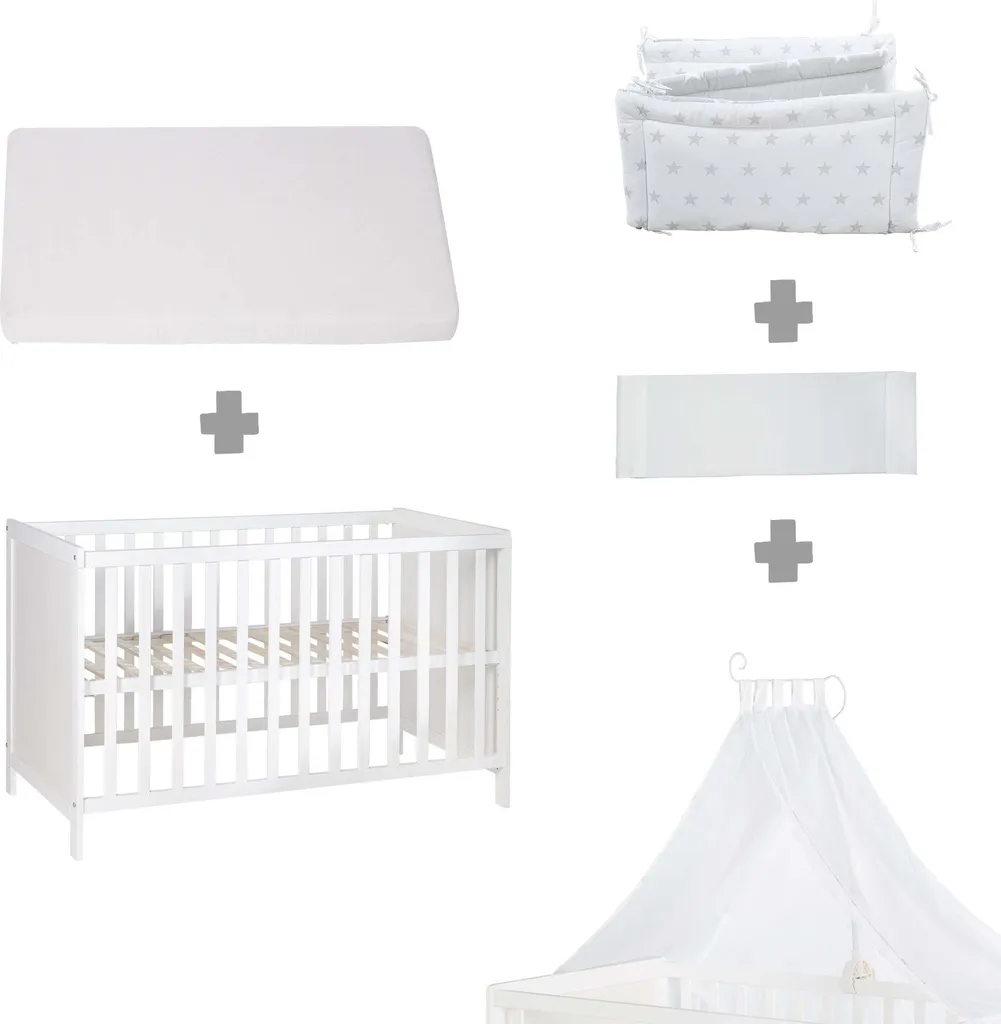 Roba Mulitfunktionsbett Sterne Grau Mit Beistellfunktion, Lattenrost, Matratze, Bettreduzierer, Himmel, Himmelstange, Kinderbett, Anstellbett, Babybett, Höhenverstellbar, Liegefläche 60x120 Cm, Weiß – Bild 5