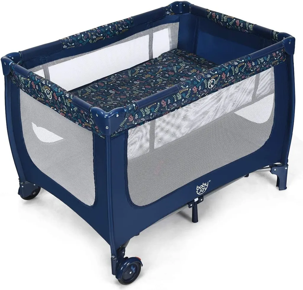COSTWAY 2 In 1 Reisebett & Laufstall Klappbar, 120 X 60cm Kinderbett, 2 Ebenen Babybett Mit Matratze Und Tragetasche (Blau)