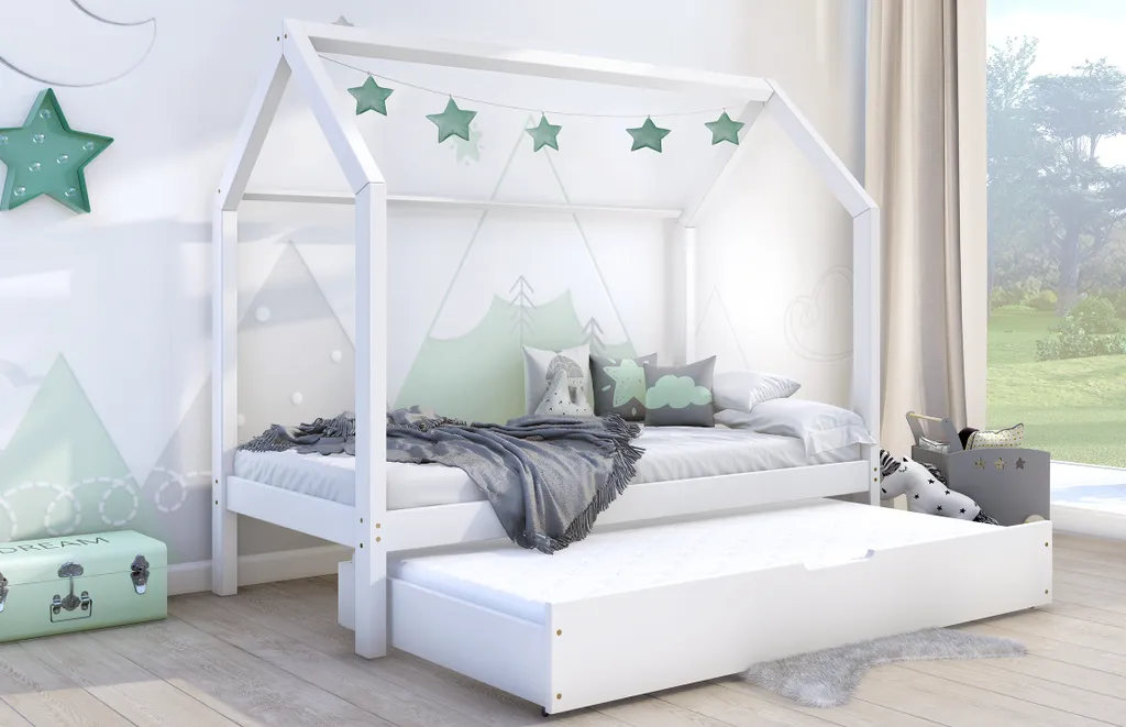 NALA BIS2 Holzbett Kinderbett Hausbett 90x200 Weiß 100% Kieferholz Ohne Schutzgitter 2 Lattenroste Kiefer Schubkasten Mit Schlaffunktion