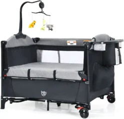 COSTWAY 5-in-1-Babybett Mit Wickeltisch, 2 Ebene Babyreisebett Mit 3 Spielzeug & Musikbox & Aufbewahrungstasche, 4-stufig Verstellbares Beistellbett Für Baby Mit Rollen & Tragetasche (Schwarz)