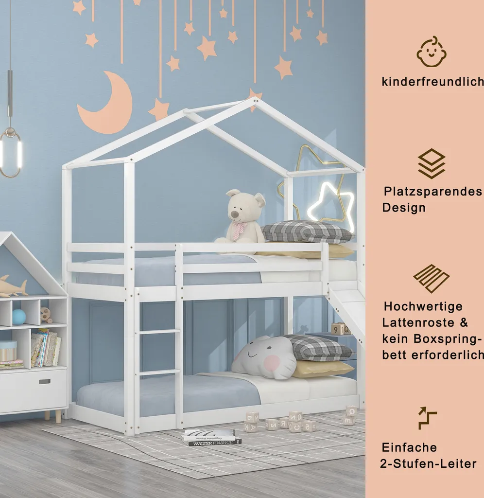 Merax Kinderbett 90x200cm Hochbett Etagenbett Mit Leiter Und Rutsche, Rausfallschutz Und Dachform, 2 Einzelbetten Hoch Doppel Stockbett Für Kinderzimmer, Kiefernholz Rahmen, Weiß – Bild 3