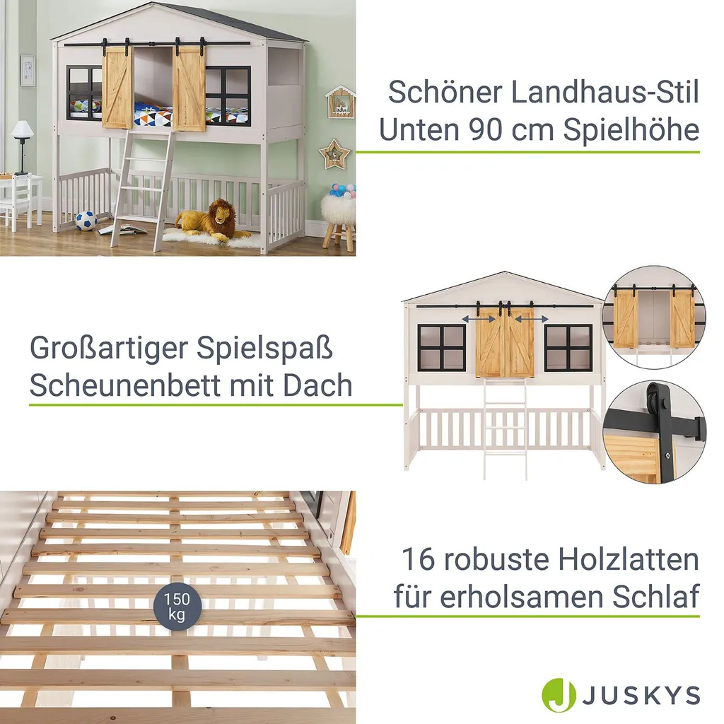 Juskys Kinderbett Farmhaus 90 X 200 Cm Mit Treppe, Dach & Fenster – Hochbett Rosa Für Kinder – Lattenrost Bis 150 Kg – Hausbett Aus Massivholz – Bild 4