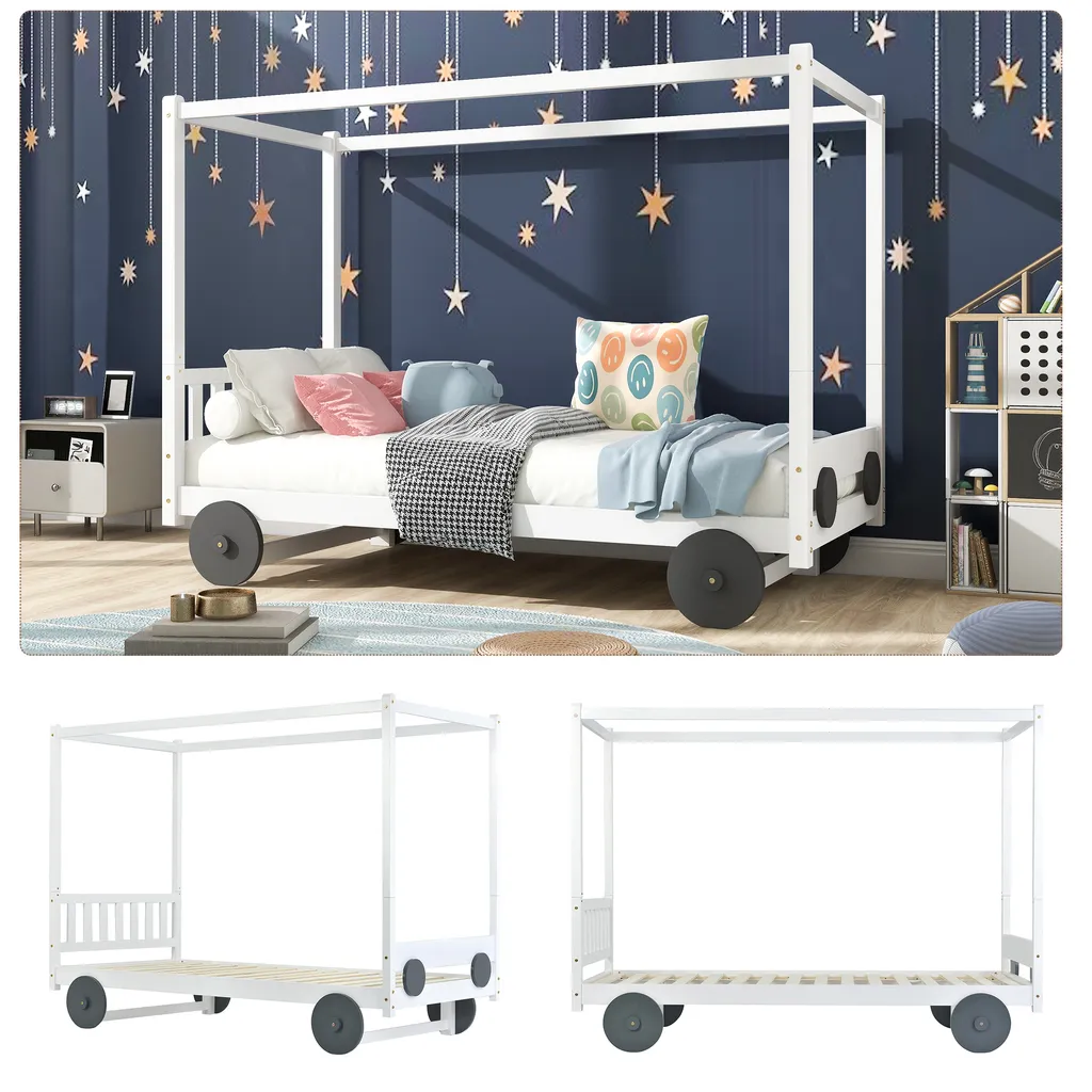 Merax Kinderbett 90x200cm Autobett Mit Lattenrost Und Rädern, Abnehmbarer Rahmen, Rahmen Aus Kiefer, Einzelbett Jungenbett Babybett Für Mädchen Und Jungen, Weiß – Bild 13