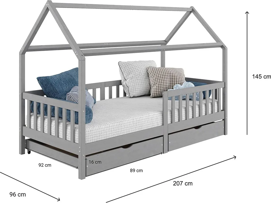 Hausbett NUNA Aus Massiver Kiefer, Montessori Bett In 90 X 200 Cm Mit Rausfallschutz, Spielbett Mit Schubladen, Modernes Kinderbett Mit Dach In Grau – Bild 8