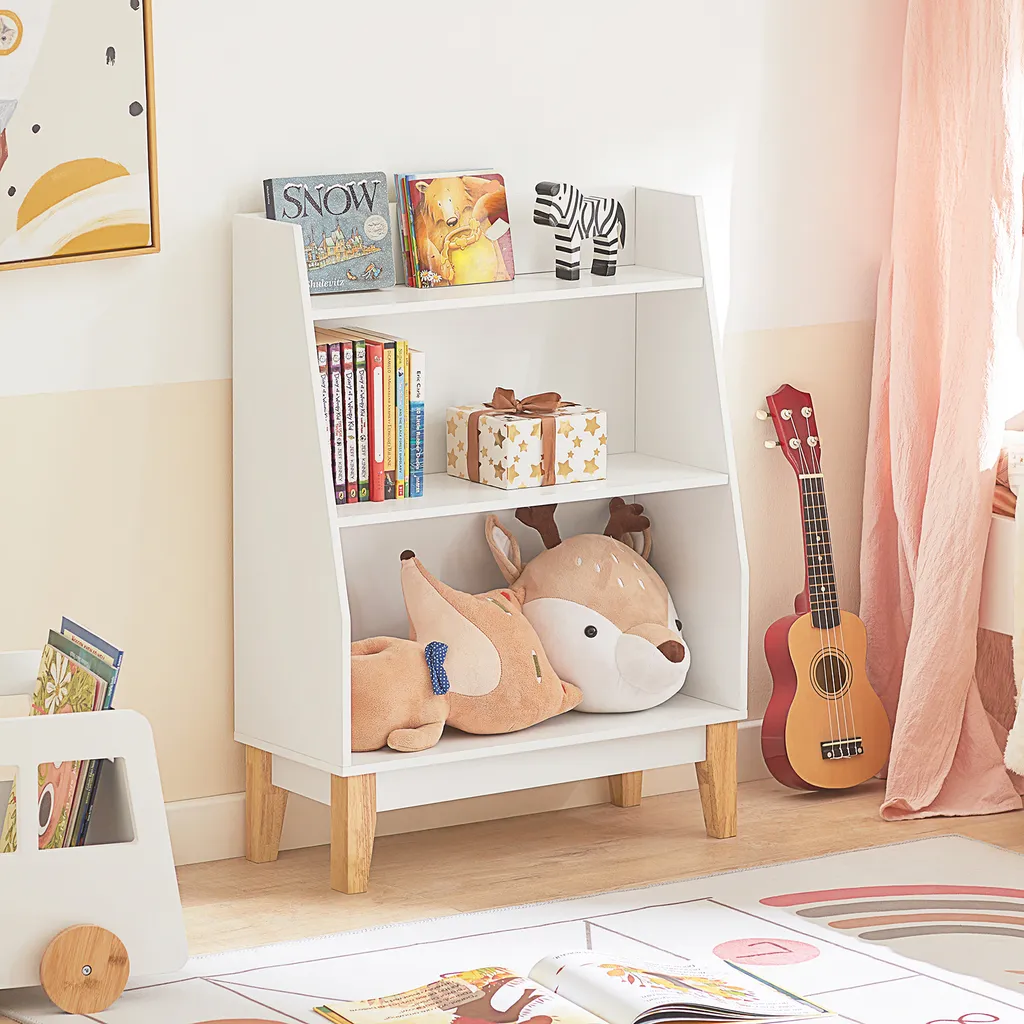 SoBuy KMB47-W Kinderregal Mit 3 Fächern Bücherregal Aufbewahrungsregal Für Kinder Standregal Mit Massivholzbeine Weiß BHT Ca.: 60x80x25cm