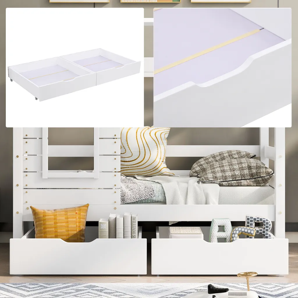 Merax Kinderbett Hausbett Mit Rausfallschutz Und Schubladen, Massivholz Spielbett 160x80 Cm Babybett Mit Lattenrost Und Fenster, Weiß – Bild 5