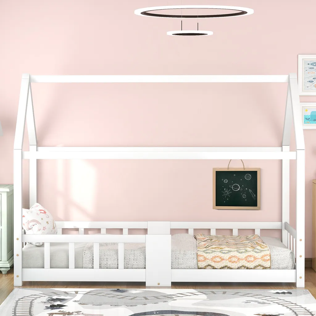 Merax Kinderbett 90 X 200 Cm Hausbett Mit Tafel Und Rausfallschutz, Lattenrost Und Zaun, Einzelbett Für Mädchen Und Jungen Kinderbetten Aus Massivem Kiefernholz, Weiß – Bild 2