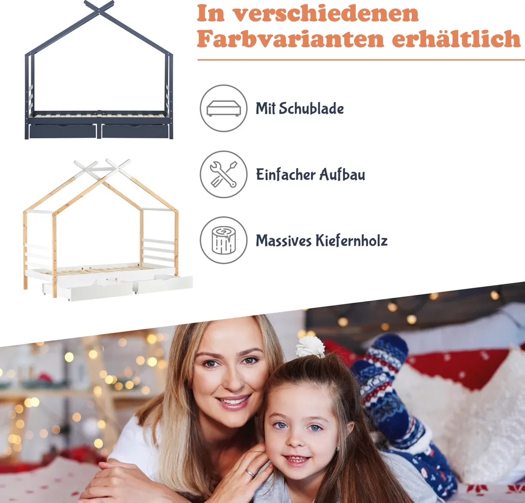 Merax Kinderbett 90x200cm Hausbett Mit Lattenrost Und 2 Schubladen, Spielbett Massivholzbett Für Kinder-und Jugendzimmer, Weiß/Natur – Bild 3