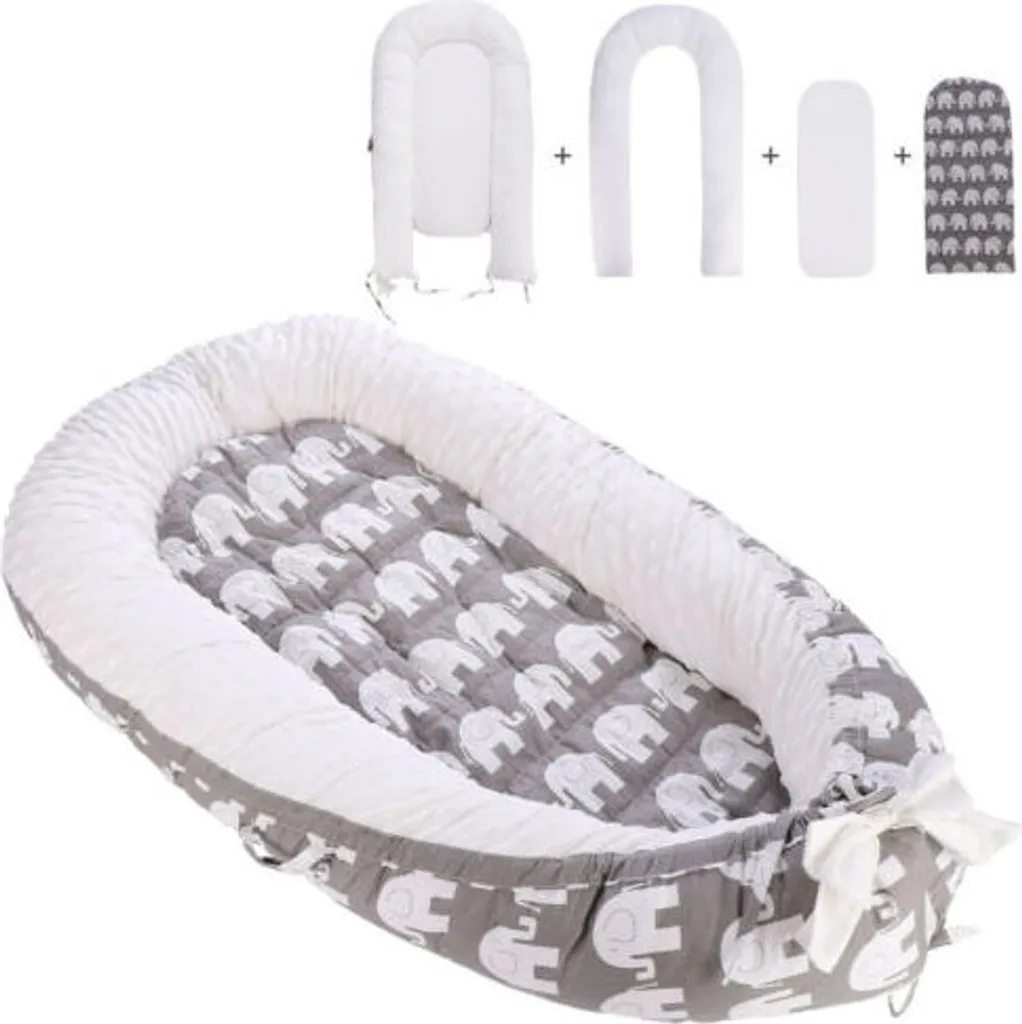 Topchances Kuschelnest Babynest Multifunktionales Nest Für Babys Säuglinge Reisebett, 100% Baumwolle Bionic Bett, Für 0-24 Monate Baby Und Säuglinge (Grau/Elefant)